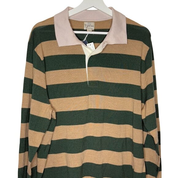 J.Crew XL Merino Wool Rugby Sweater Green Tan Striped Long Sleeve Polo NWT - Picture 3 of 6